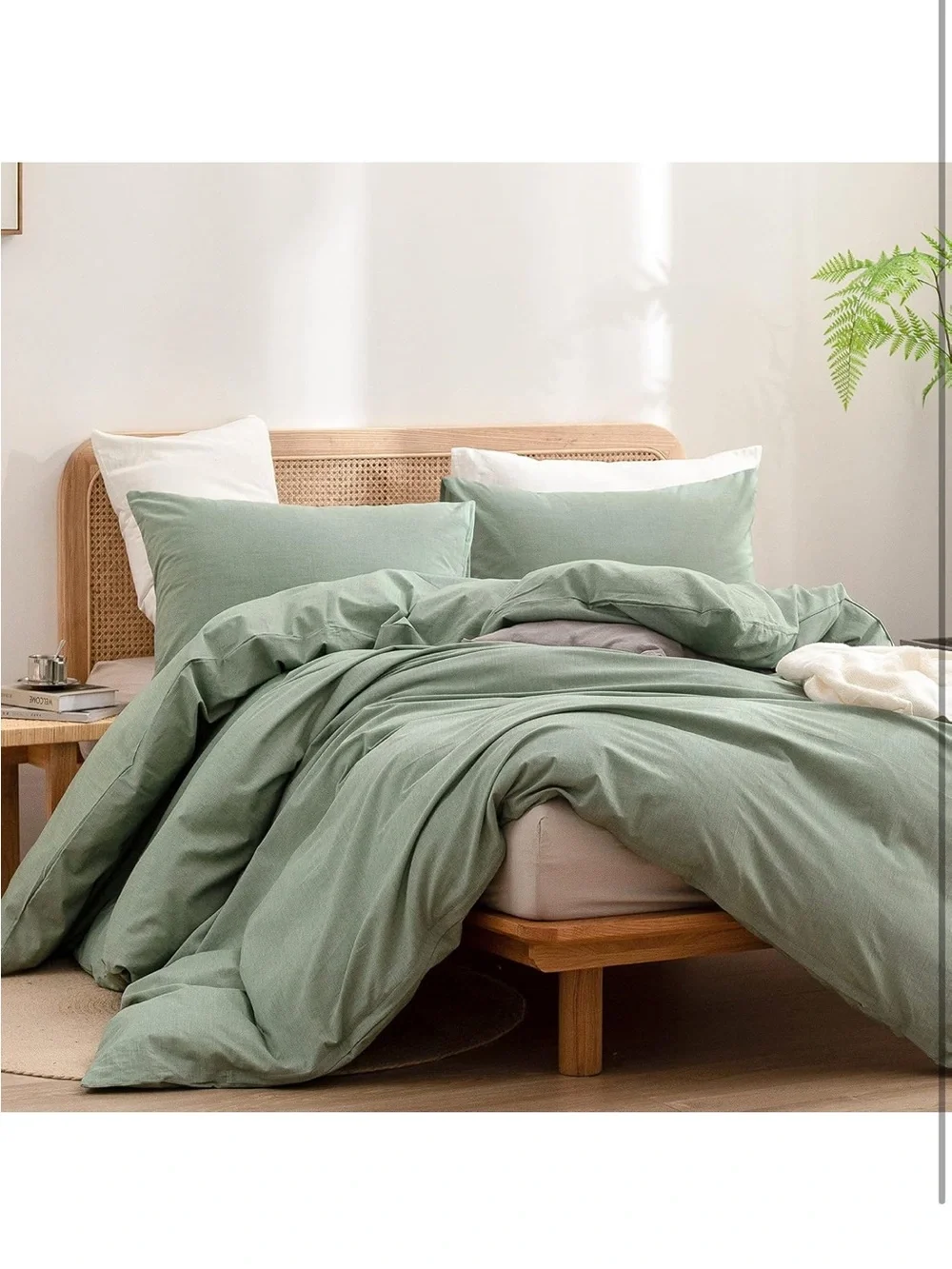 NEW BESTOUCH 100% Washed Cotton Duvet Cover Set. Linen Feel. 3 PCs Green Full